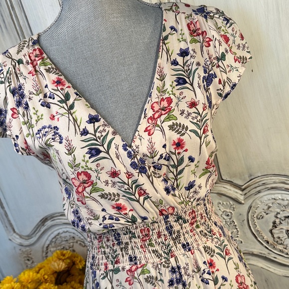 Angie Floral V-Neck Cap Sleeve Smocked Waist Maxi Dress Cottage Prairie Boho - Picture 2 of 9